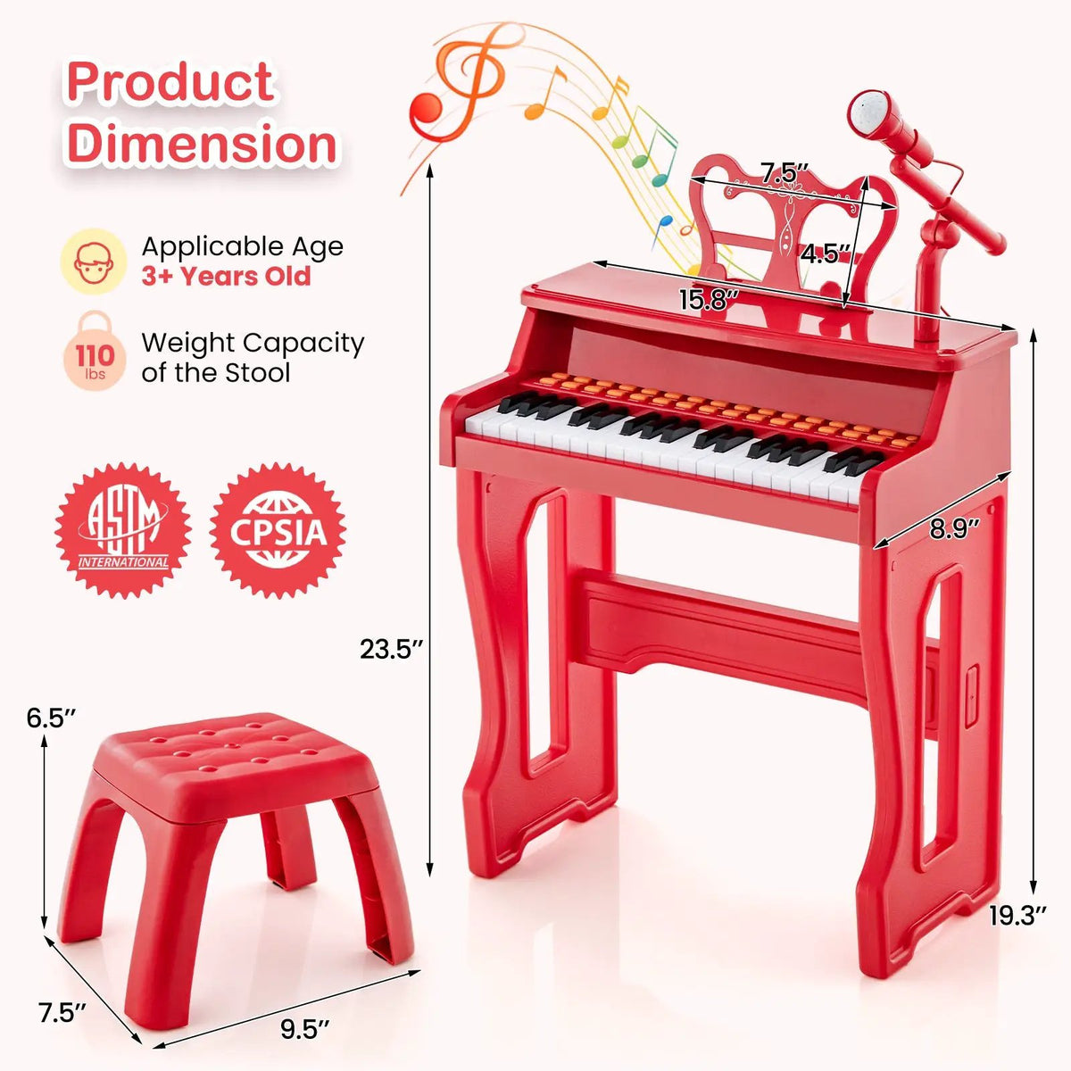 37 Keys Music Piano with Microphone Kids Piano Keyboard with Detachable Music Stand, photo 13 of 24