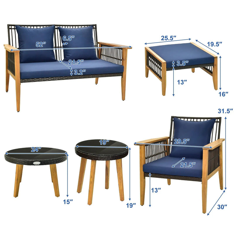 7 Piece Outdoor Conversation Set with Stable Acacia Wood Frame Cozy Seat & Back Cushions-Navy by DirectDeals
