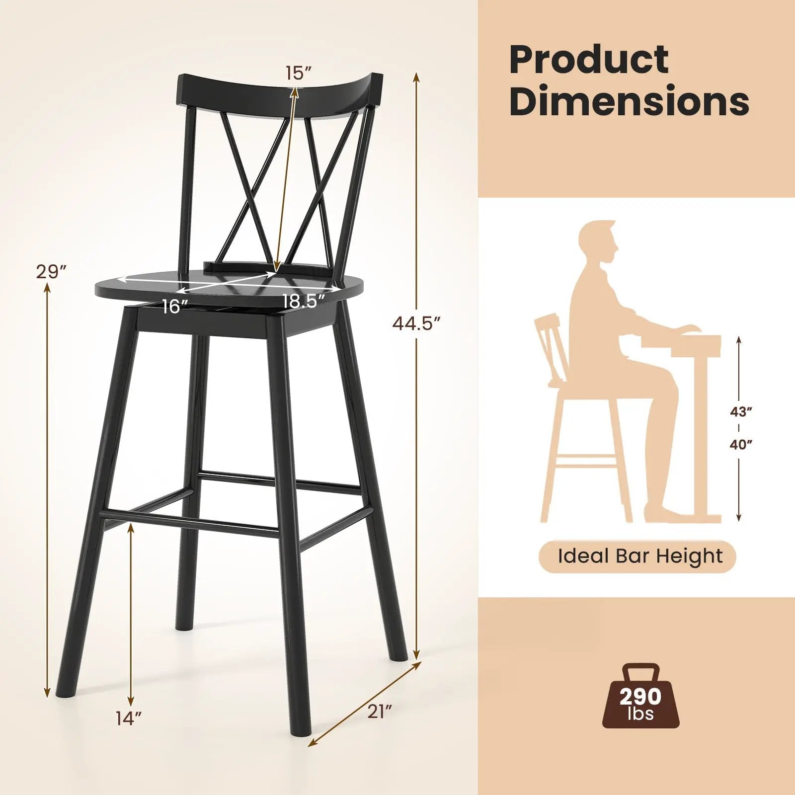 Set of 2 Windsor Bar Stool with Ergonomic Backrest and Footrests by DirectDeals