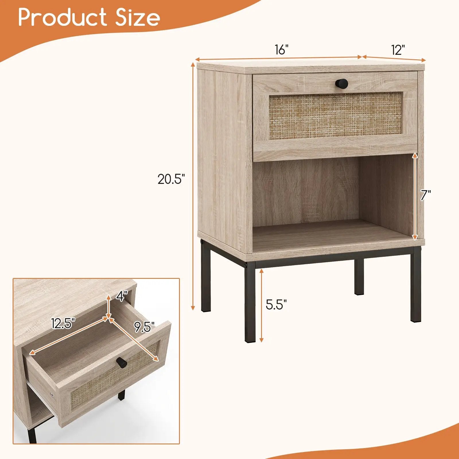 Rattan Nightstand Boho End Table with Rattan Drawer and Open Shelf by DirectDeals