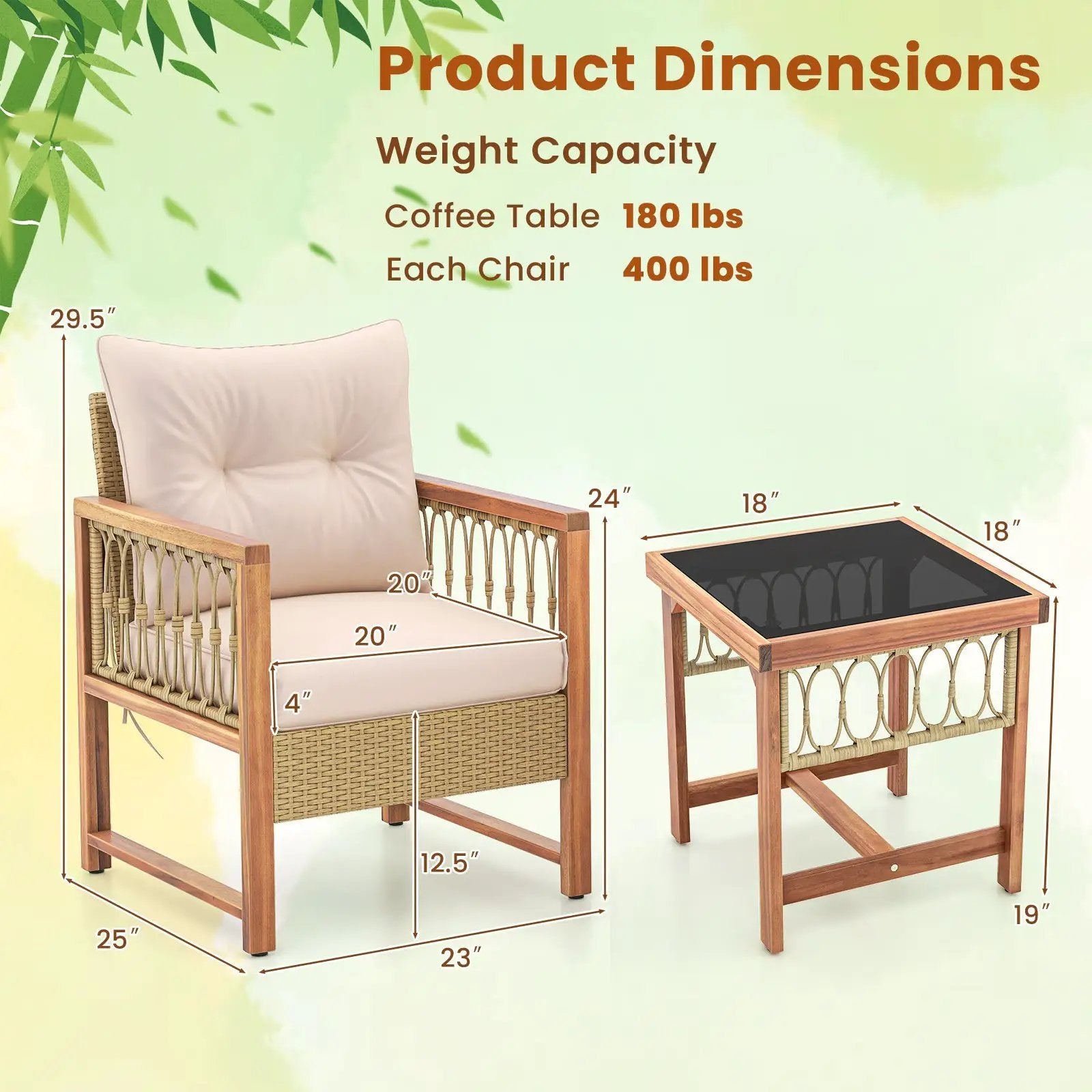 3 Pieces Patio Furniture Set with Acacia Wood Frame Cushions-Brown by DirectDeals