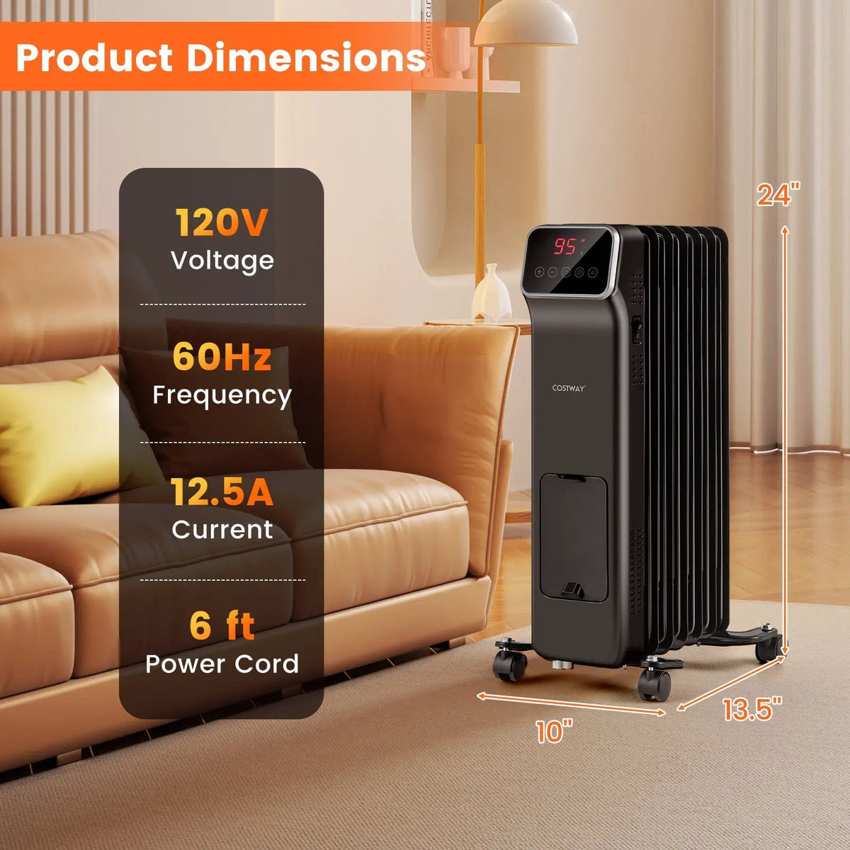 1500W Oil Filled Radiator Heater with Remote Control 3 Modes 24H Timer, photo 5 of 9