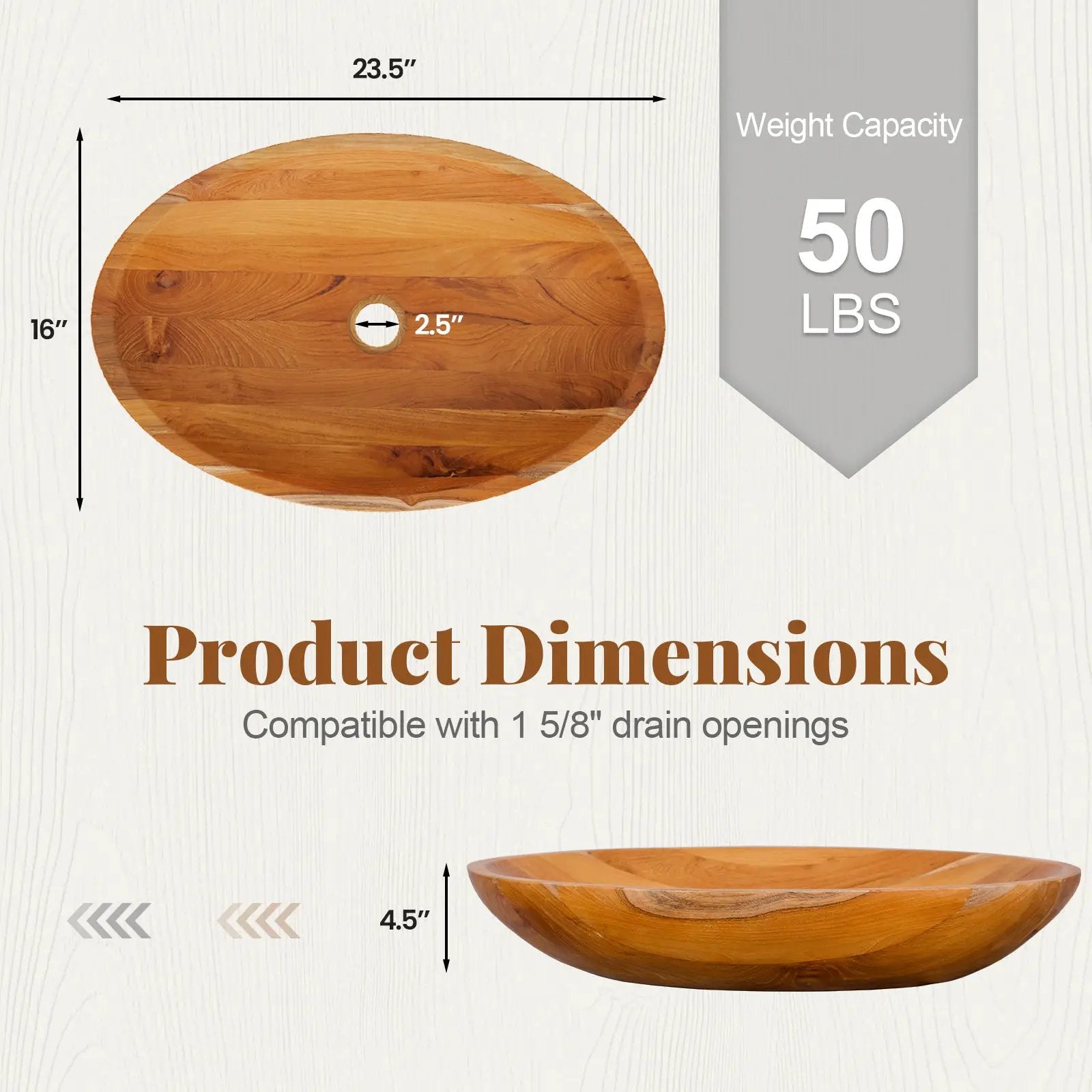 23.5 Inch x 16 Inch Teak Wood Washbasin with Drainage Hole by DirectDeals