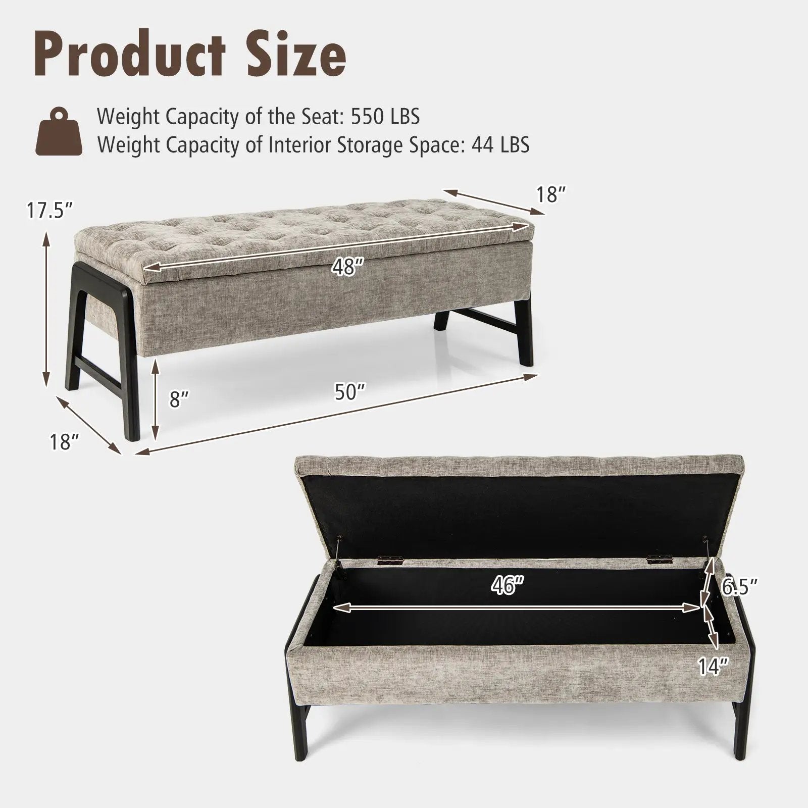 Modern Chenille Storage Bench with Solid Rubber Wood Legs-Gray by DirectDeals
