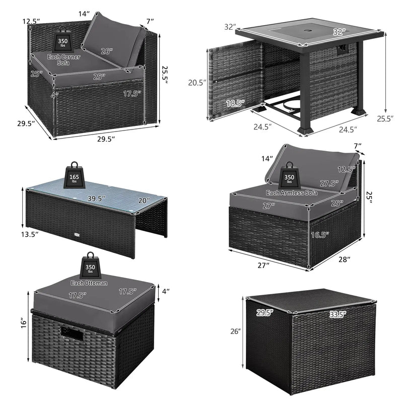 9 Pieces Patio Furniture Set with 32‚Äù Fire Pit Table and 50000 BTU Square Propane Fire Pit by DirectDeals