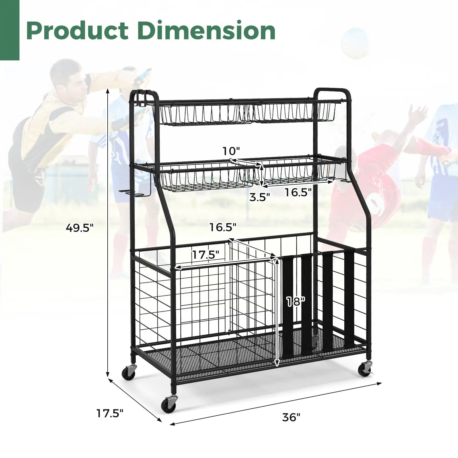Garage Sports Equipment Organizer with Hooks & Baskets for Basketball-Black by DirectDeals