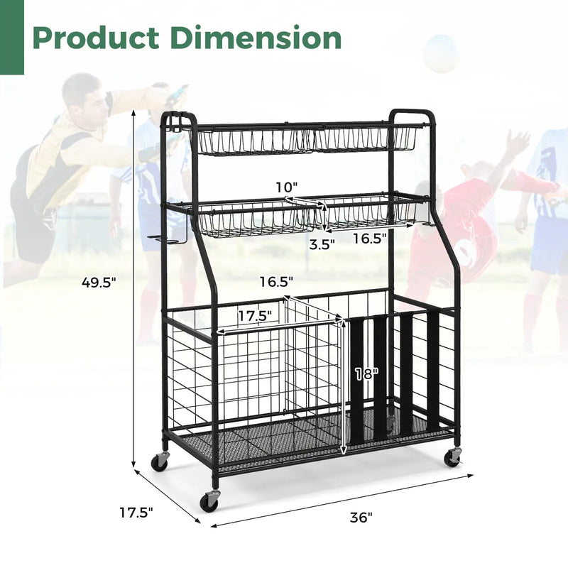 Garage Sports Equipment Organizer with Hooks & Baskets for Basketball-Black by DirectDeals