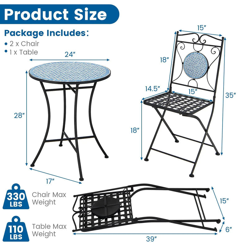 3 Pieces Patio Bistro Set Outdoor Furniture Mosaic Table Chairs by DirectDeals