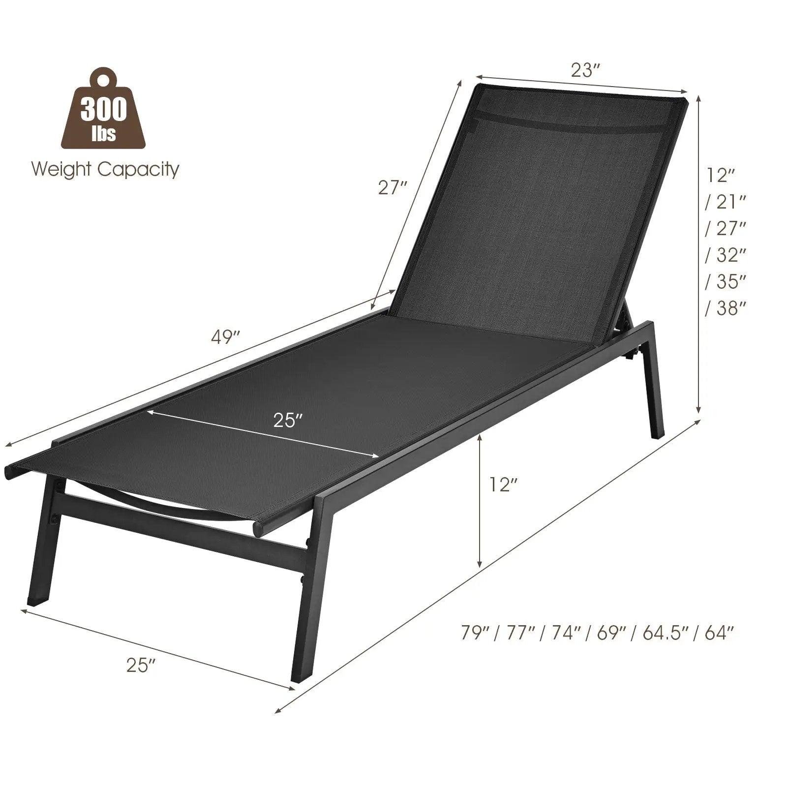Outdoor Reclining Chaise Lounge Chair with 6-Position Adjustable Back by DirectDeals