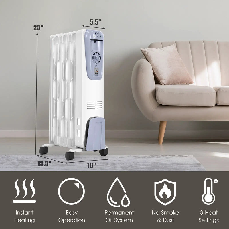 1500W Oil Filled Radiator with Thermostat and 4 Bottom Wheels by DirectDeals