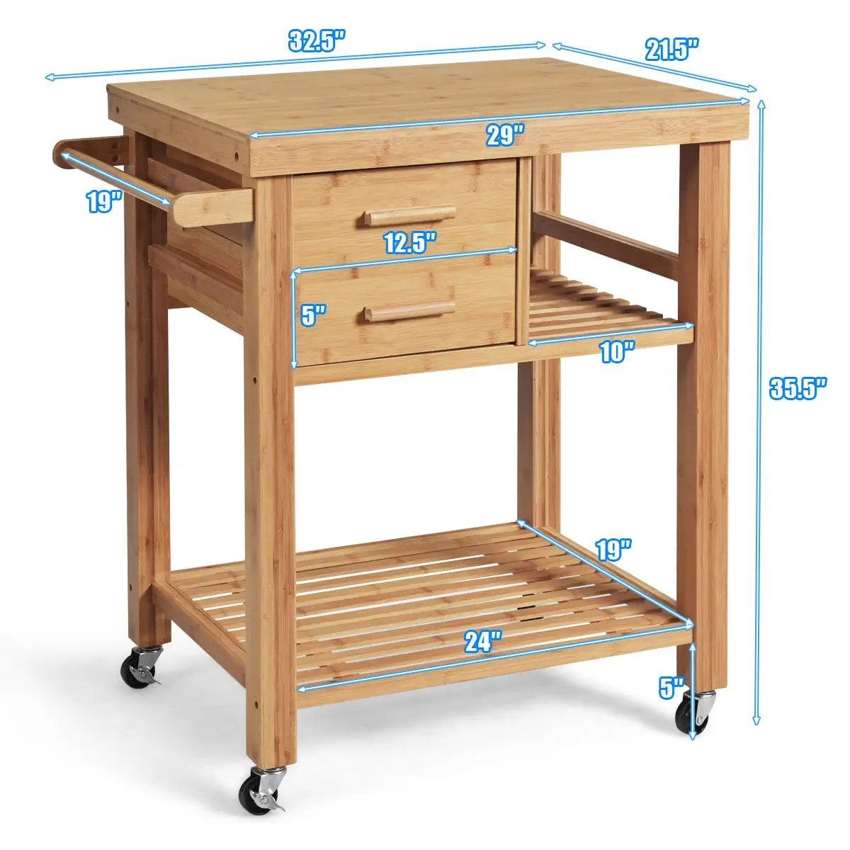 Bamboo Kitchen Trolley Cart with Tower Rack and Drawers by DirectDeals