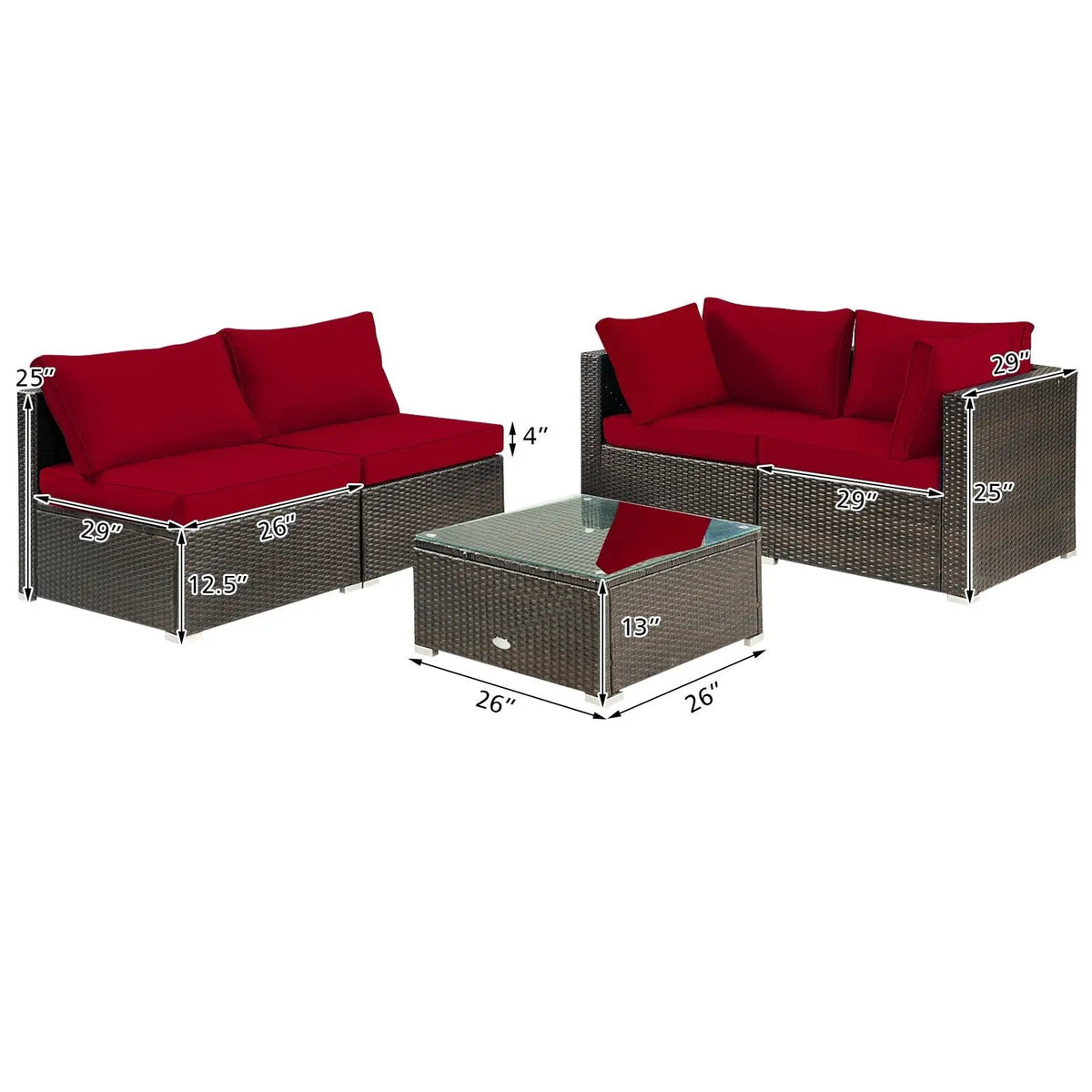 5 Pieces Cushioned Patio Rattan Furniture Set with Glass Table, photo 5 of 12