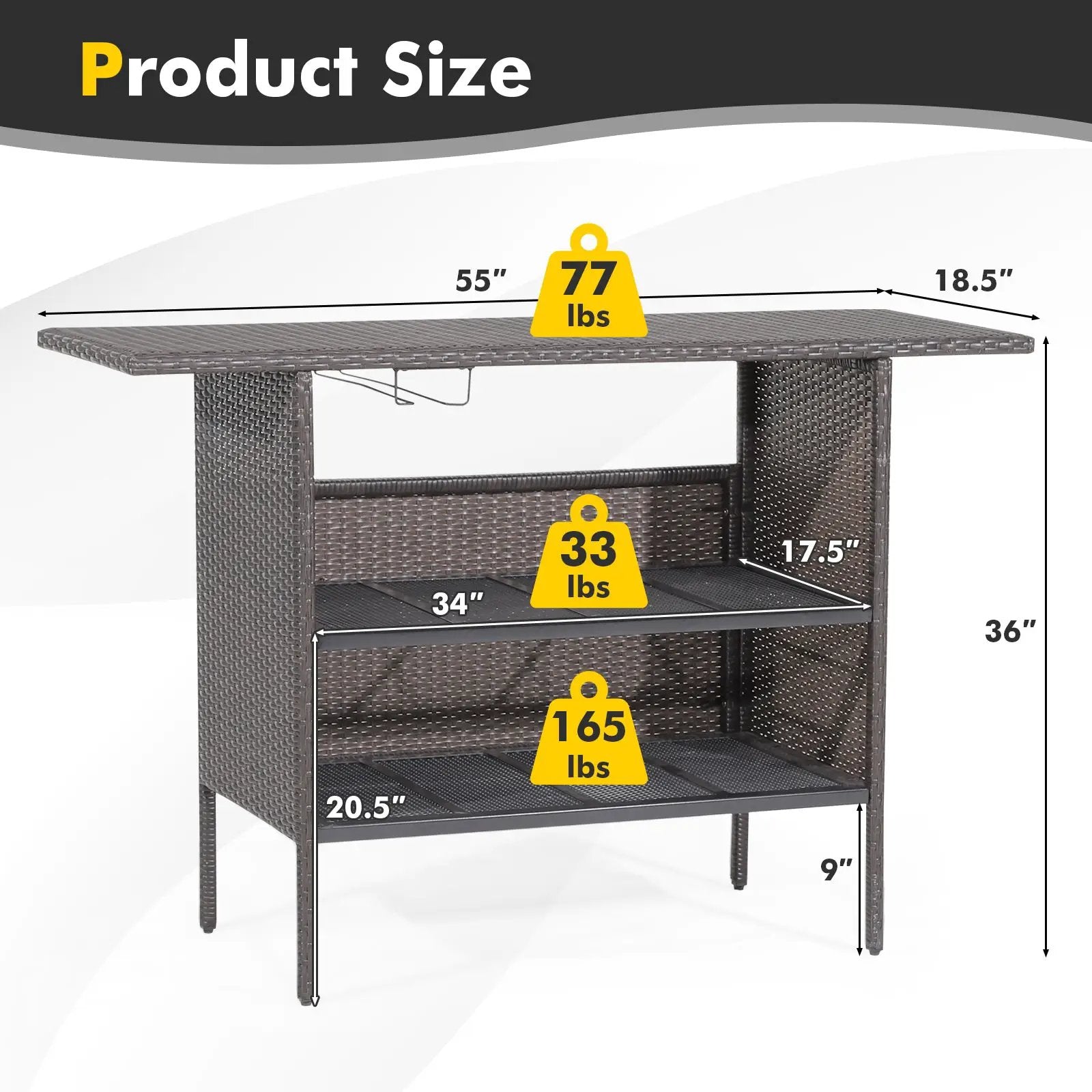 Outdoor Wicker Bar Table with 2 Metal Mesh Shelves by DirectDeals