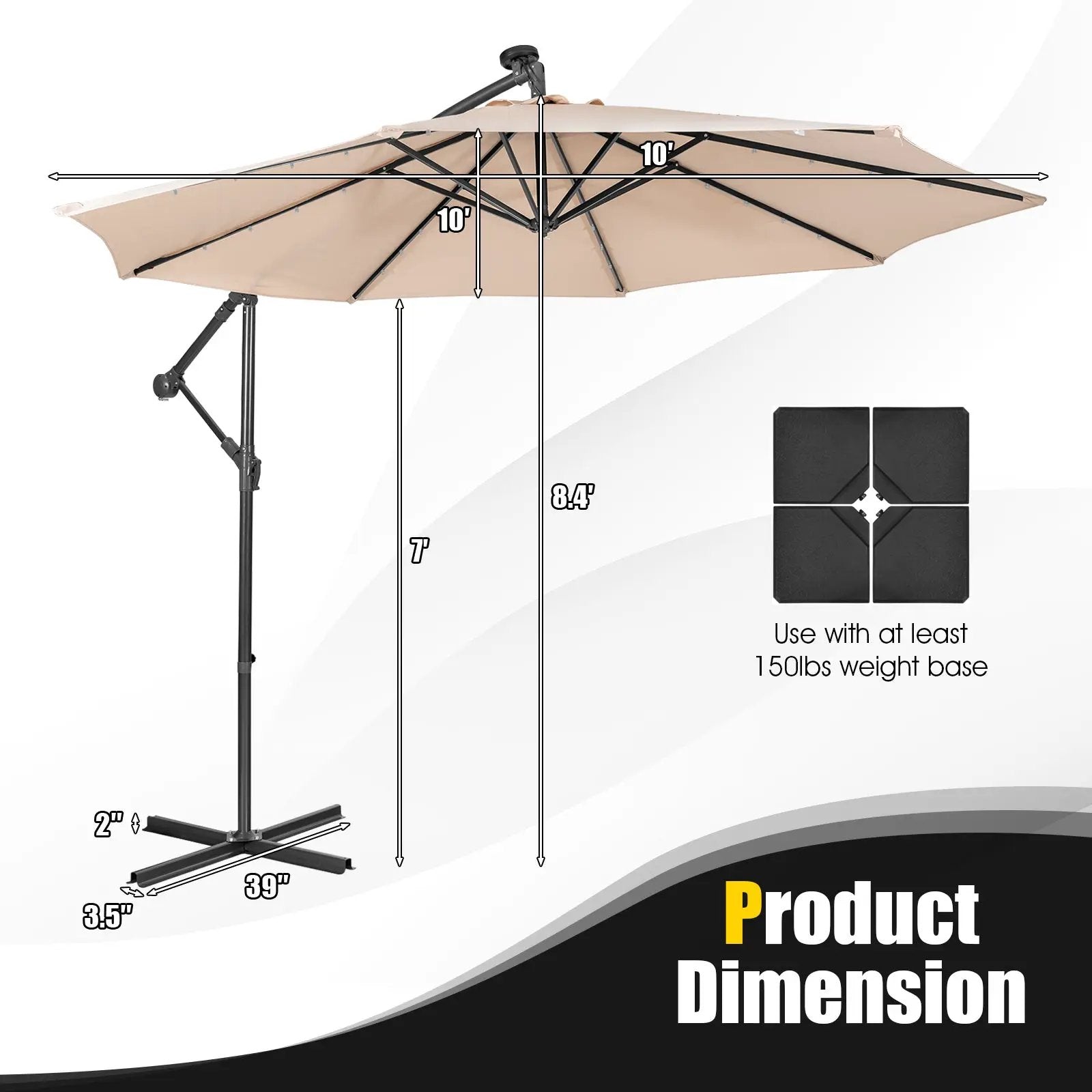 10 Feet Patio Solar Powered Cantilever Umbrella with Tilting System by DirectDeals
