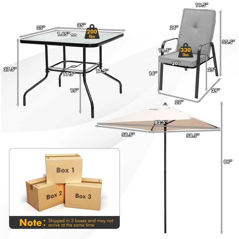 6 Pieces Patio Dining Set with Umbrella and Stackable Cushioned Chairs by DirectDeals
