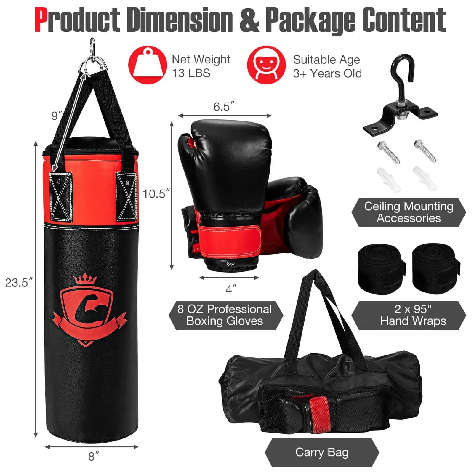 11 Pounds Kids Hanging Punching Bag Set with Punching Gloves-Black by DirectDeals