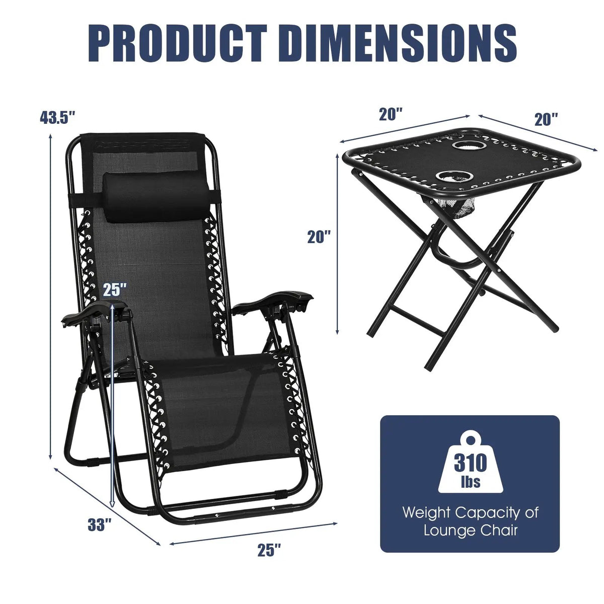 3 Pieces Folding Portable Zero Gravity Reclining Lounge Chairs Table Set, photo 4 of 11