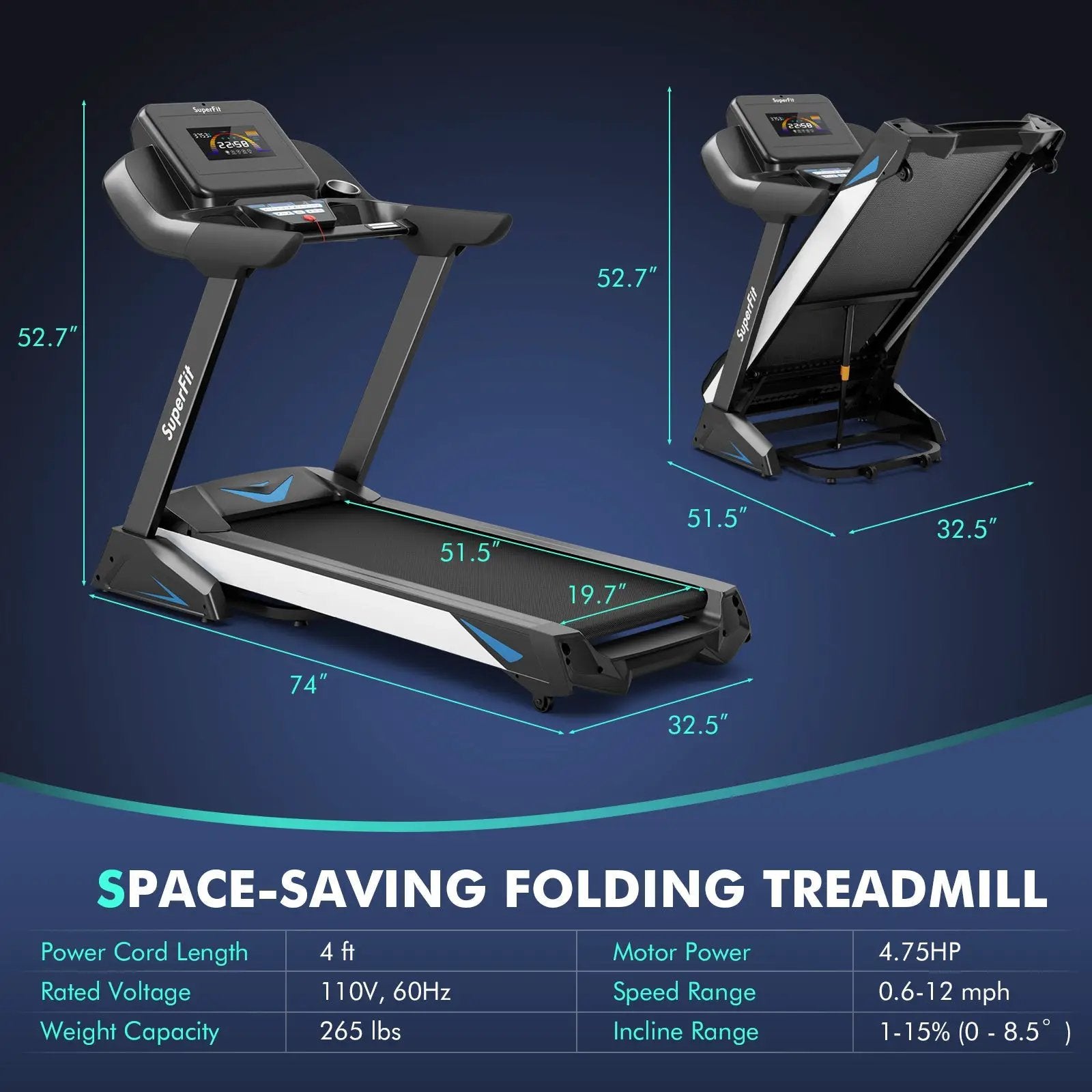 4.75 HP Treadmill with APP and Auto Incline for Home and Apartment-Black by DirectDeals