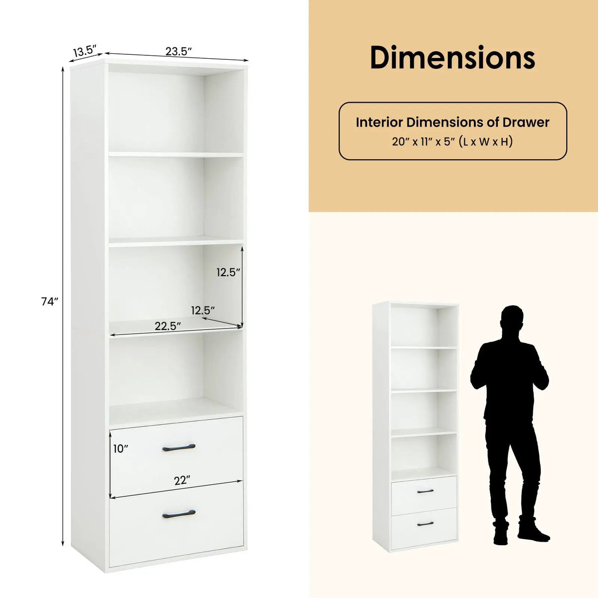 6-Tier Tall Freestanding Bookshelf with 4 Open Shelves and 2 Drawers, photo 5 of 9