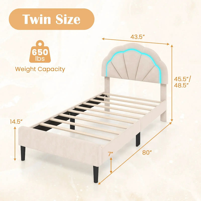 Upholstered LED Bed Frame with Adjustable Flower Headboard and Metal Support Feet-Twin Size by DirectDeals