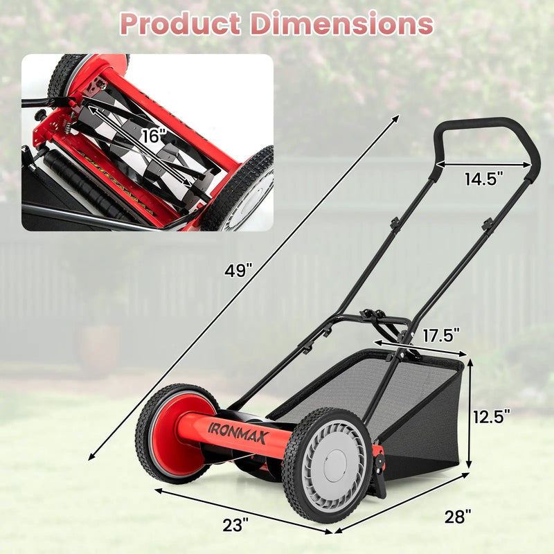 16 Inch Push Lawn Mower with 5 Steel Blades and Grass Catcher Bag by DirectDeals
