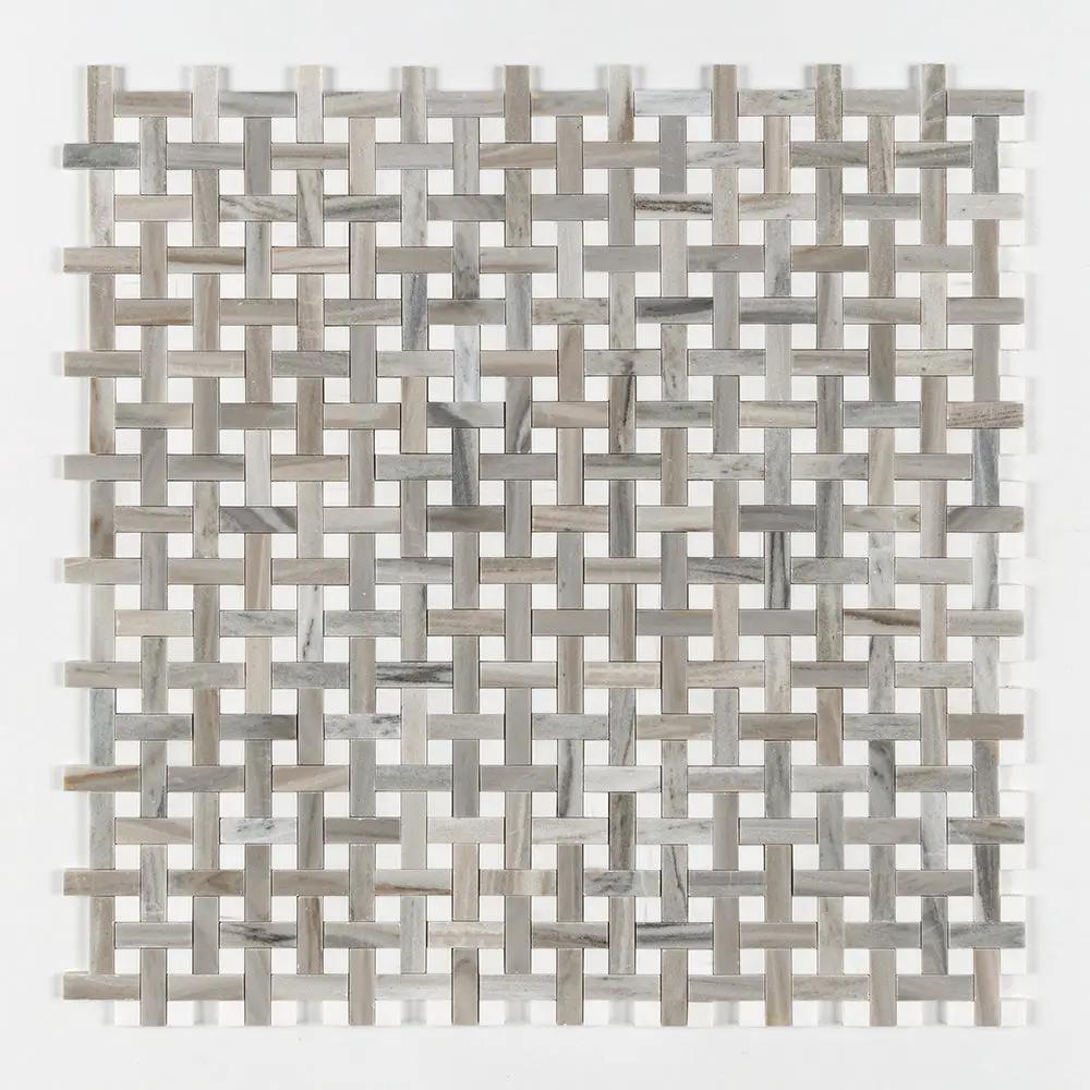 Skyline, Snow White Polished Basket Weave 1x3 Marble Mosaics 12x12 by Stonetiledepot