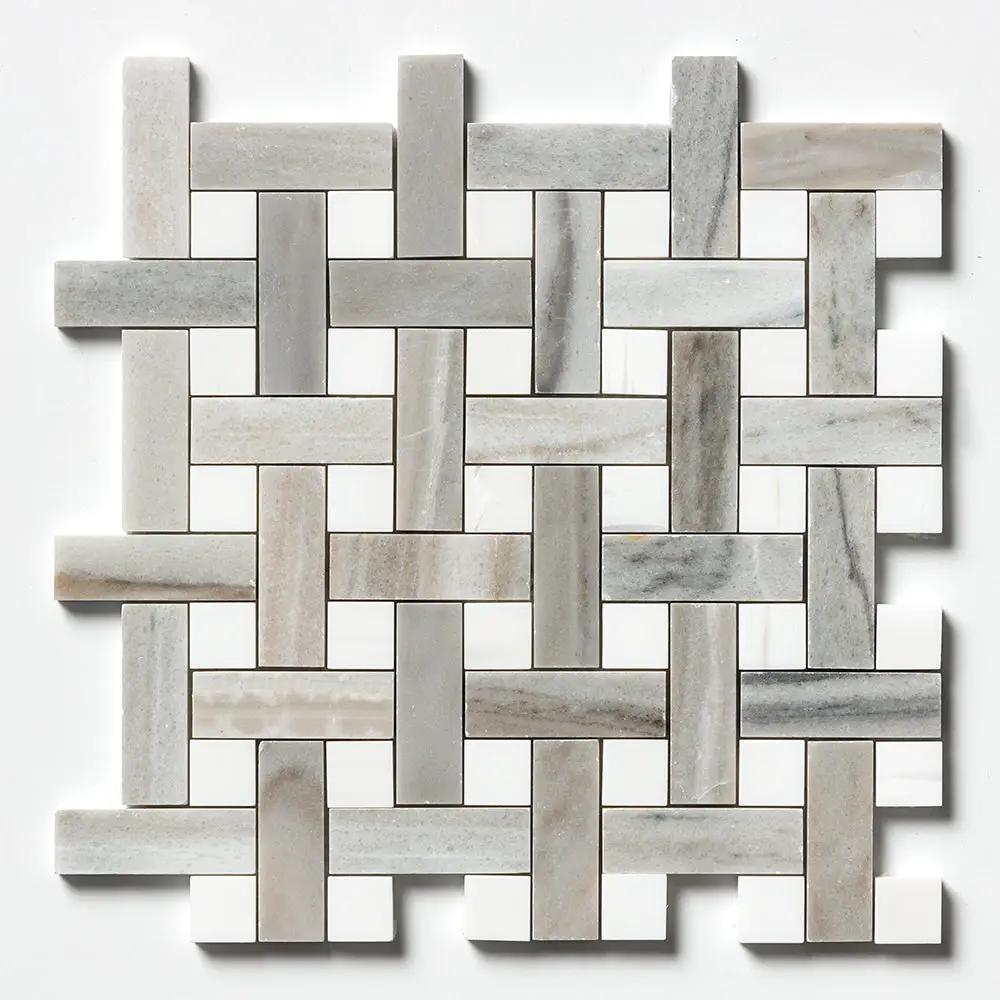 Skyline, Snow White Polished Basket Weave 1x3 Marble Mosaics 12x12 by Stonetiledepot