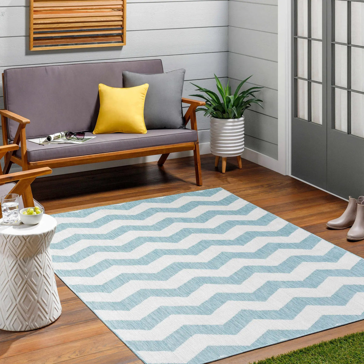 Cheri Thatch Light Blue Outdoor Carpet Area Rug - Clearance, installed in a room