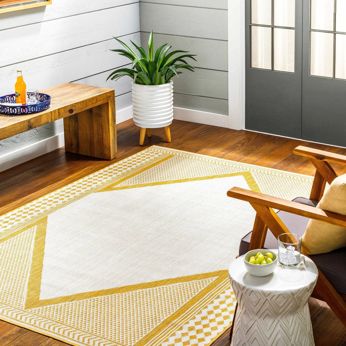 Efrem Mustard Outdoor Carpet Area Rug - Clearance, installed in a room