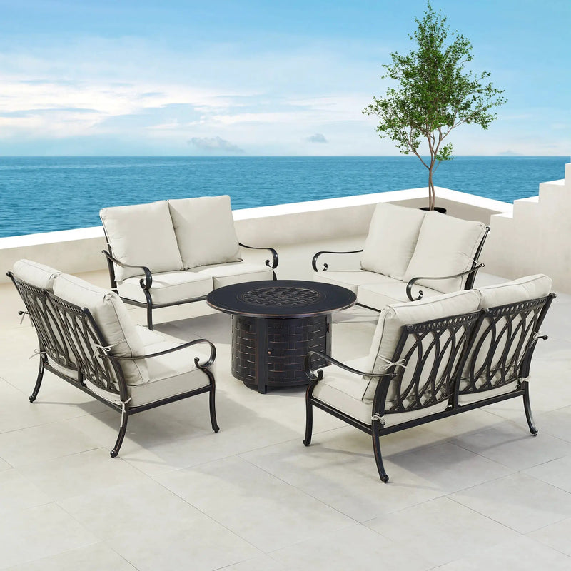 Black Aluminum Fire Table Set with Four Deep Seating Loveseats by Sharicks
