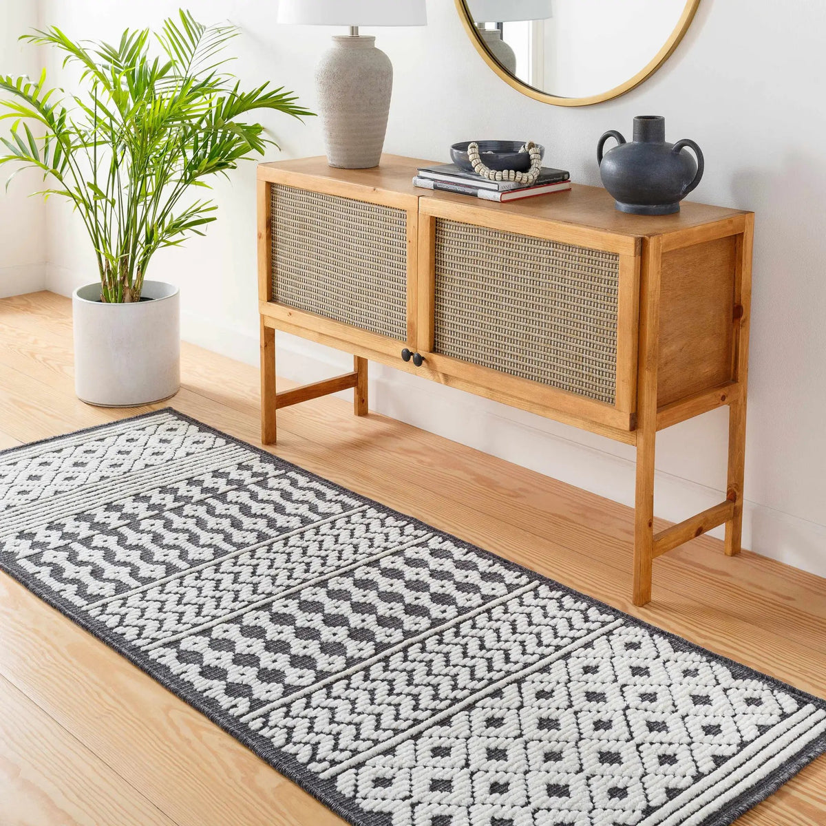 Drago Black Trellis Washable Rug - Clearance, installed in a room 2