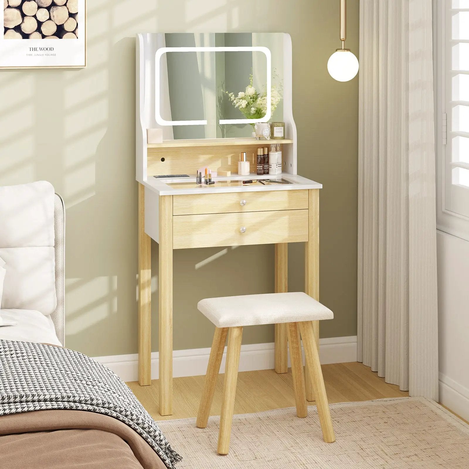 Small Vanity Desk Set with Adjustable LED Lighted Mirror and Power Outlets-White by DirectDeals