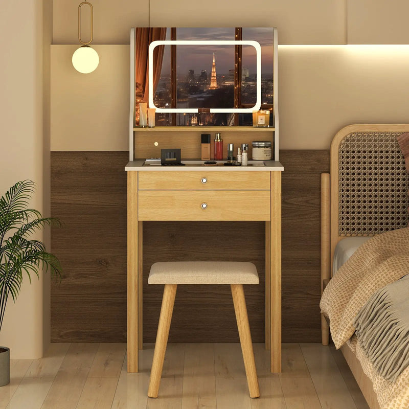 Small Vanity Desk Set with Adjustable LED Lighted Mirror and Power Outlets-White by DirectDeals