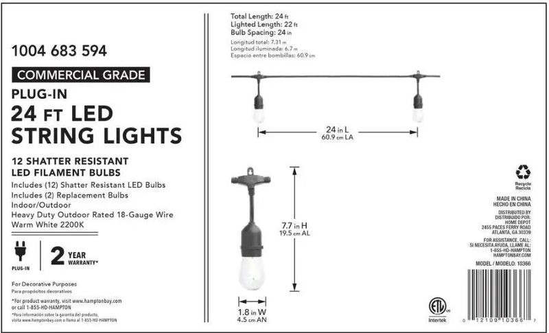 SmartYard 24 Ft. Waterproof LED String Light, 12 bulbs Plug-In by Outdoor Solar Outlet