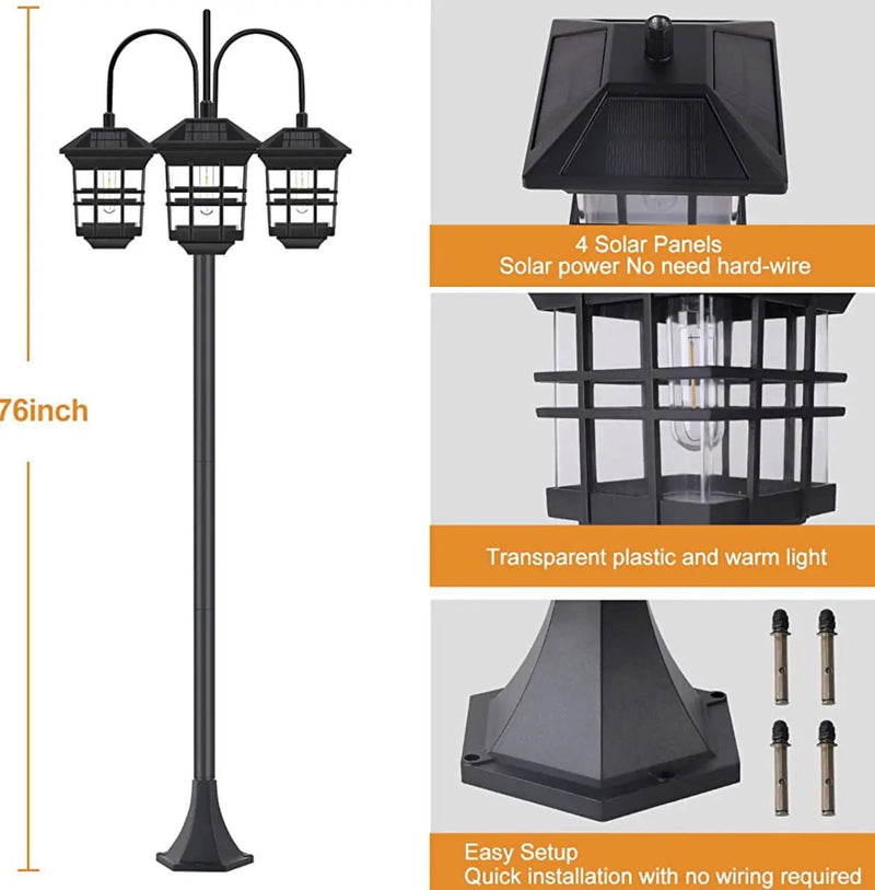 SmartYard 74.8“ Outdoor Lamp Post Lights Solar Powered,3-Head Waterproof Street Lights 60 lumens by Outdoor Solar Outlet