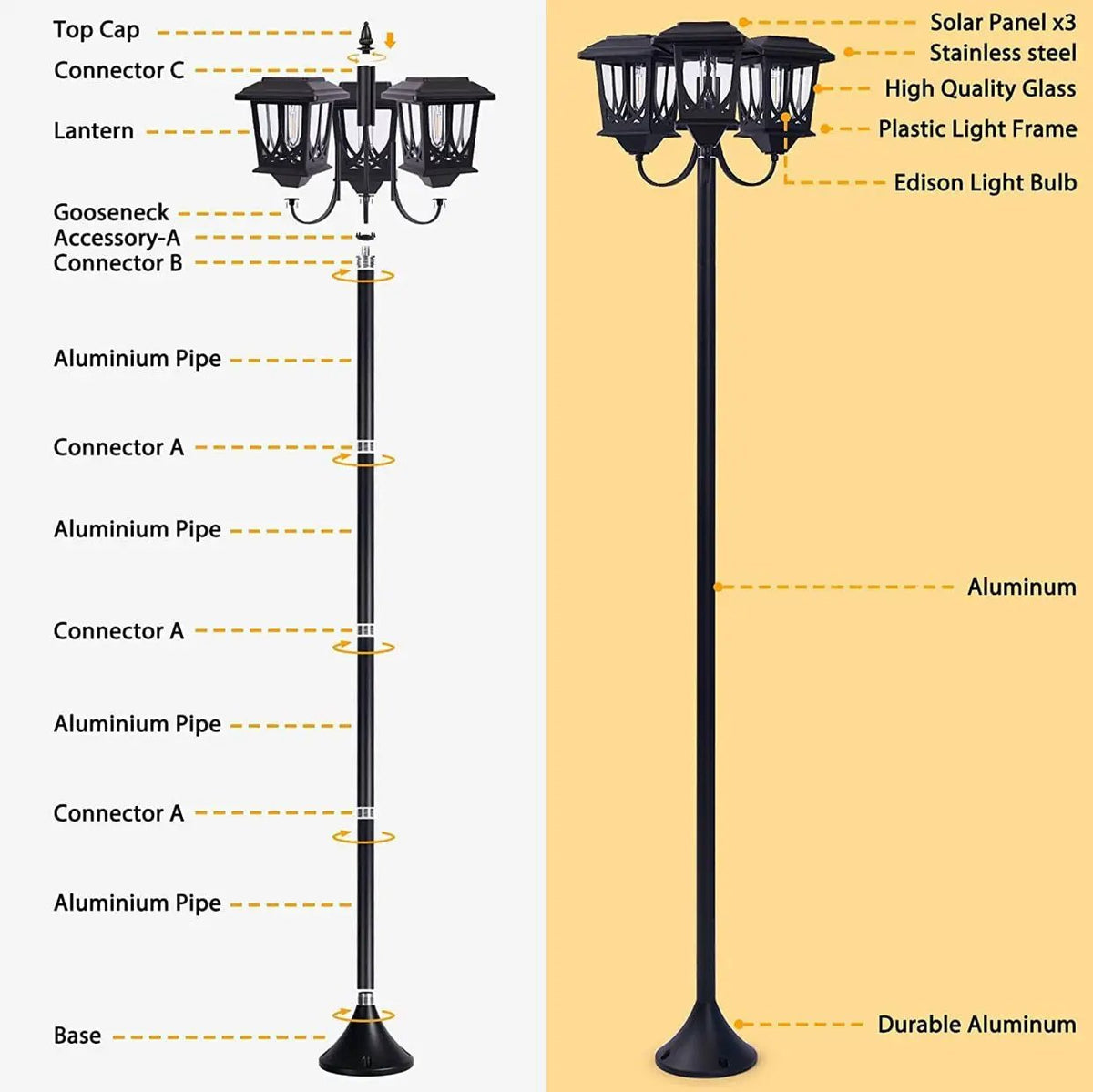SmartYard Aluminum 74.8“ Outdoor Lamp Post Lights ,3-Head Waterproof Street Lights 60 Lumen by Outdoor Solar Outlet