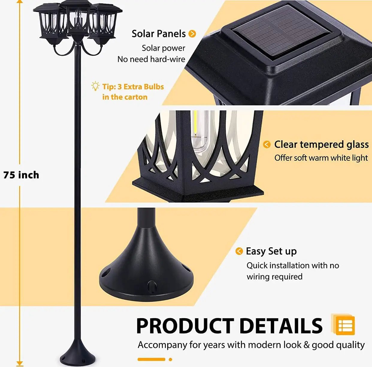 SmartYard Aluminum 74.8“ Outdoor Lamp Post Lights ,3-Head Waterproof Street Lights 60 Lumen by Outdoor Solar Outlet