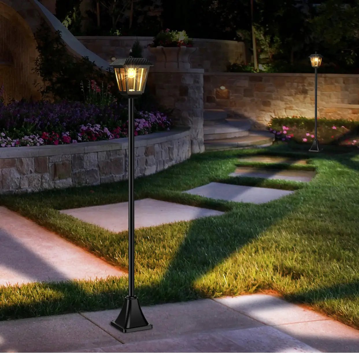 SmartYard Solar Post Lamp Set, Warm White Vintage Light (2-Pack) by Outdoor Solar Outlet