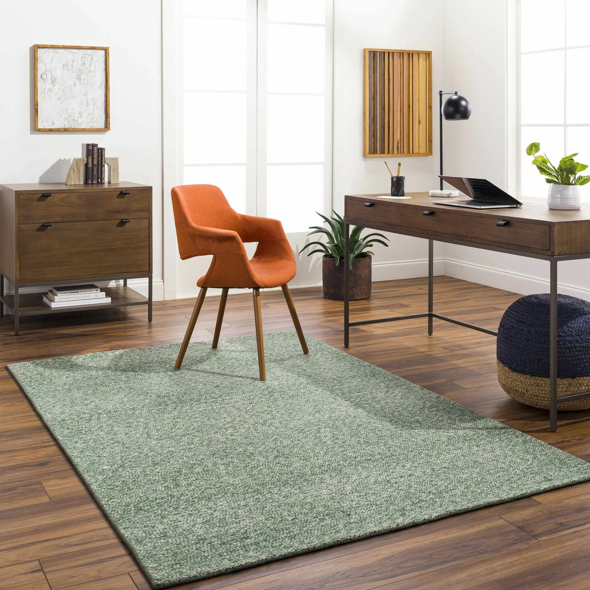 Alyra Green Solid Area Rug, installed in a room