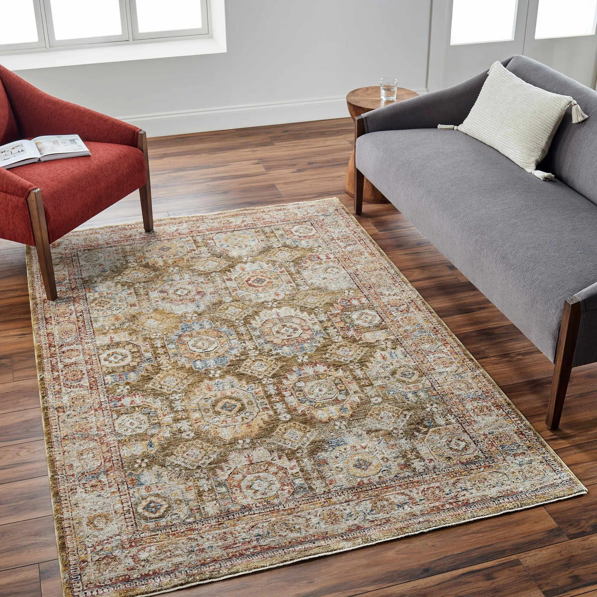 Crescentia Green Textured Rug with Fringes, installed in a room