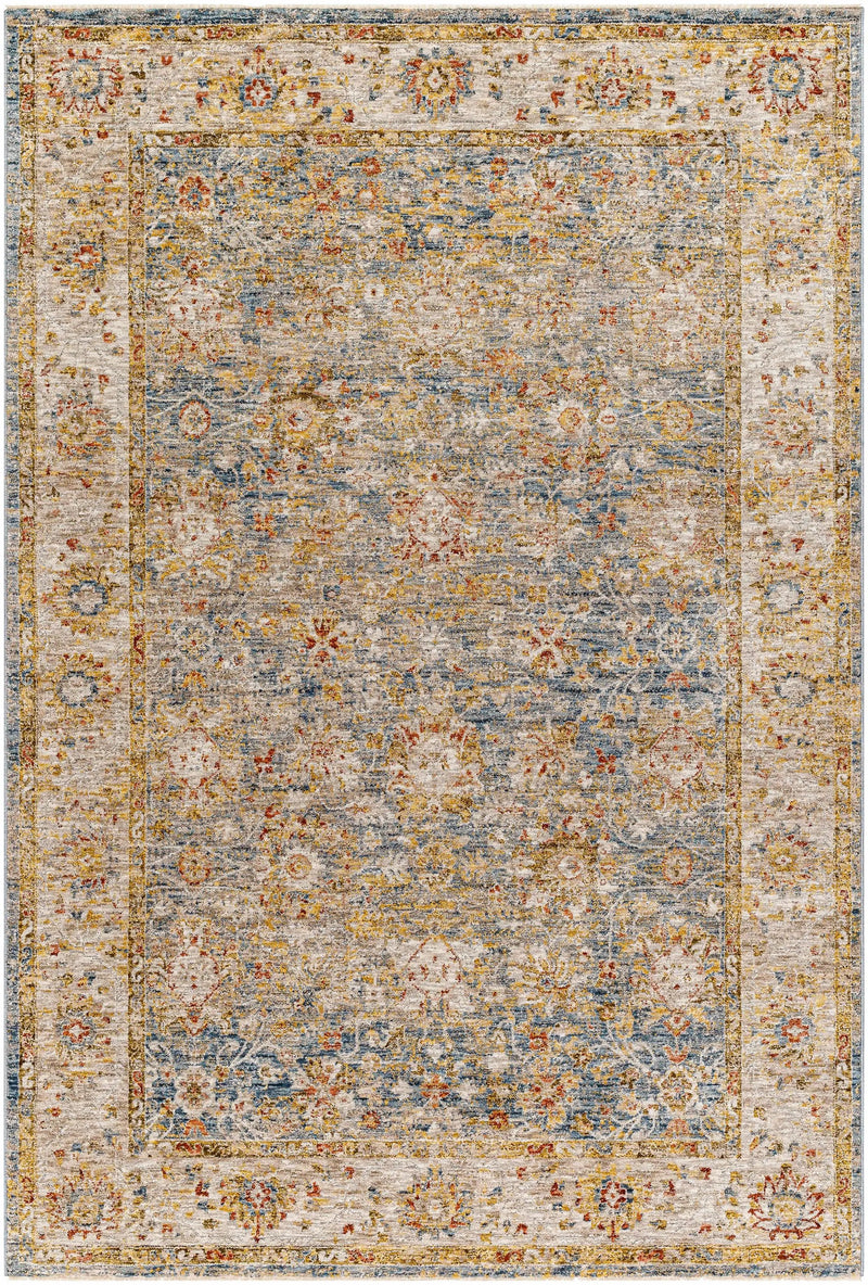 Duong Beige & Blue Textured Rug with Fringes by Boutique Rugs
