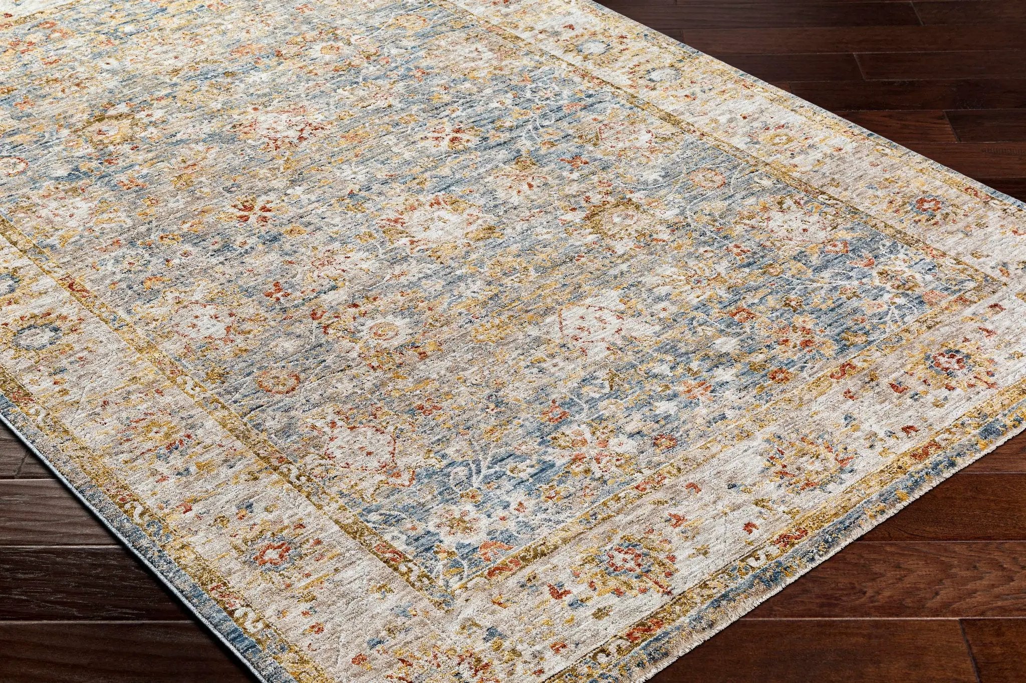 Duong Beige & Blue Textured Rug with Fringes by Boutique Rugs