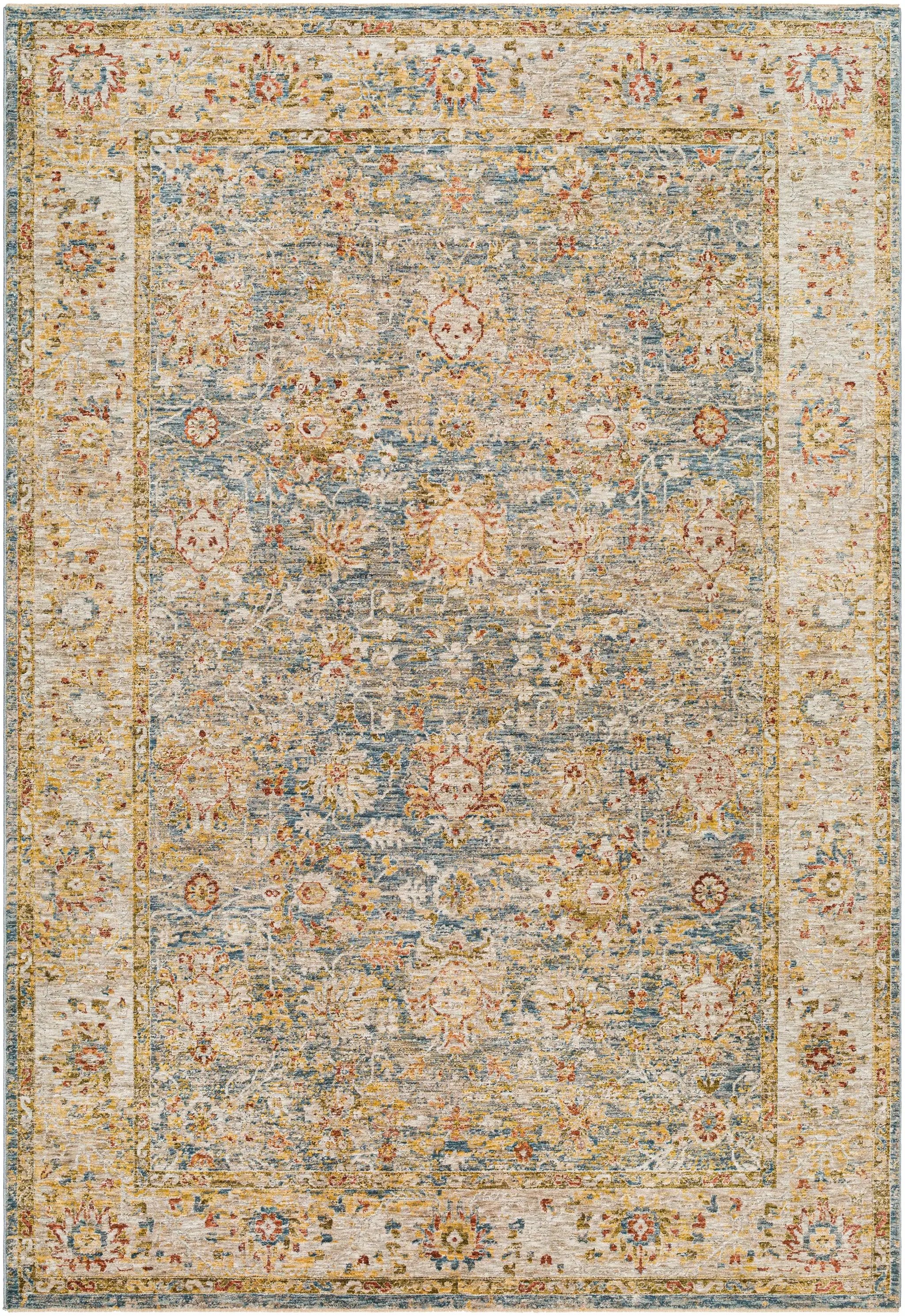 Duong Beige & Blue Textured Rug with Fringes by Boutique Rugs