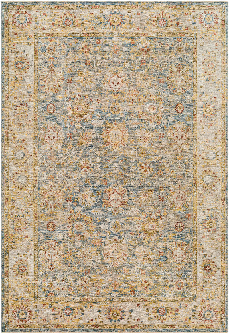 Duong Beige & Blue Textured Rug with Fringes by Boutique Rugs