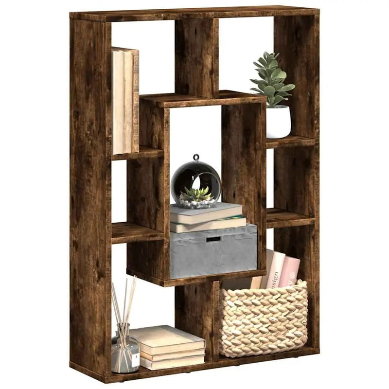 Smoked Oak Multi-Layered Wooden Bookcase Storage Shelving Unit by House Of Avana