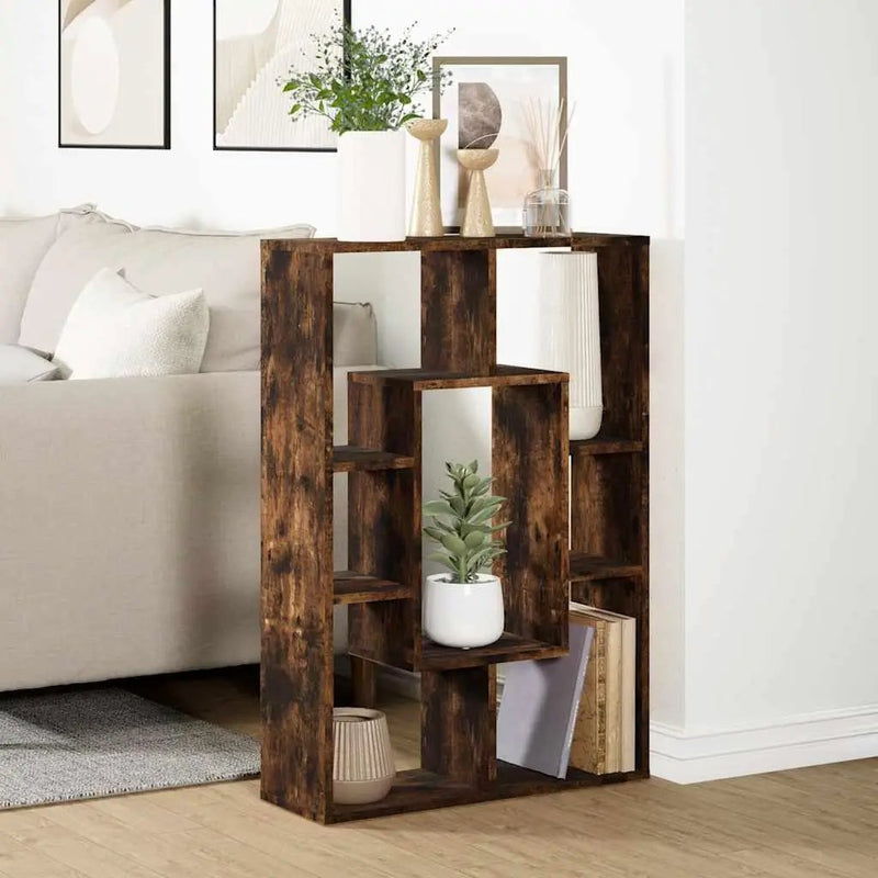 Smoked Oak Multi-Layered Wooden Bookcase Storage Shelving Unit