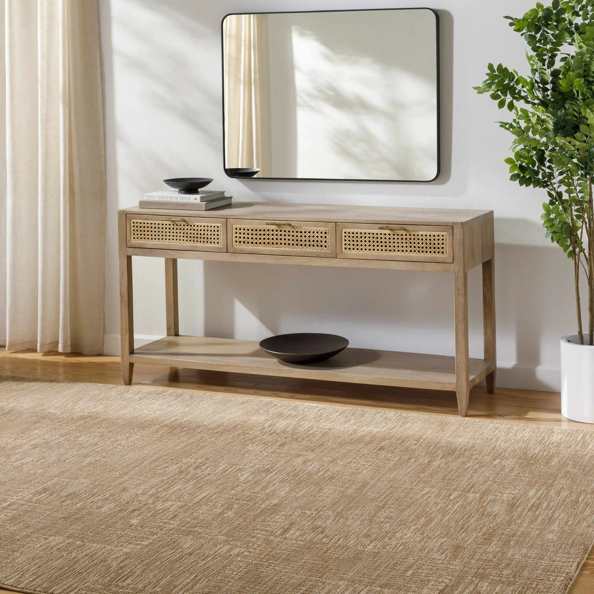 Goren Beige Area Rug, installed in a room