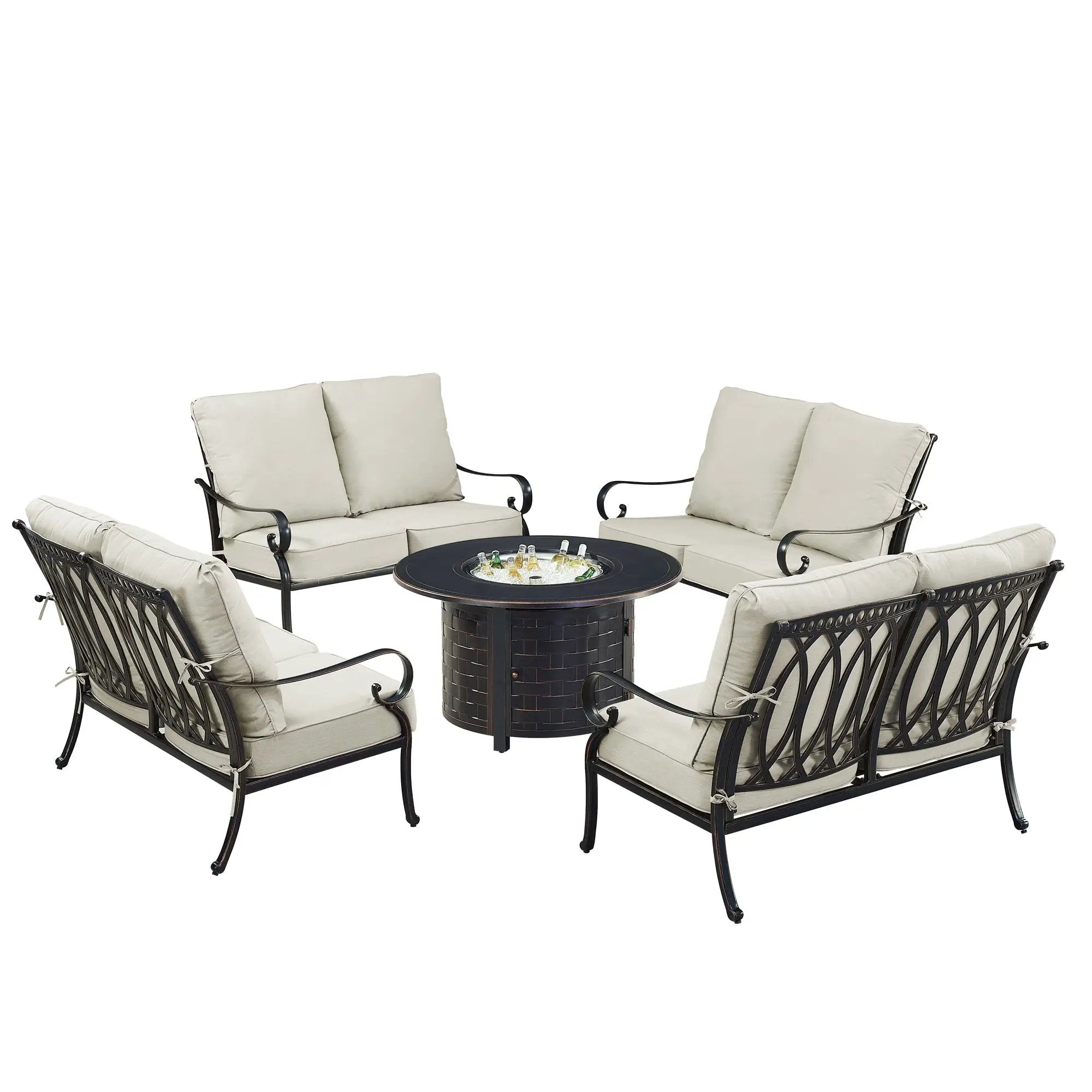 Black Aluminum Fire Table Set with Four Deep Seating Loveseats by Sharicks