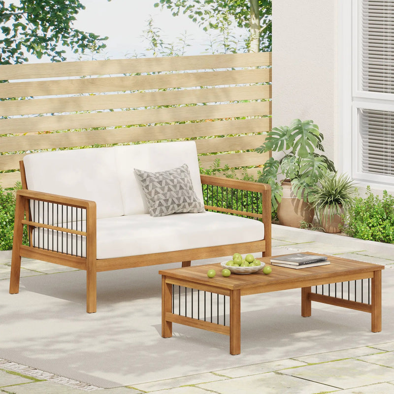 Outdoor Acacia Wood and Iron Loveseat and Coffee Table Set with Cushions, Teak by HouseOfZazla