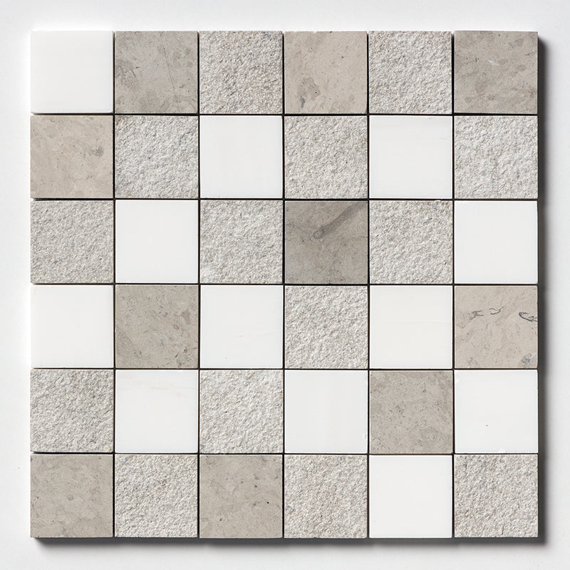 Snow Whi And Brit 2x2 Textured 3/8 Limestone Textured 12x12 Mosaics